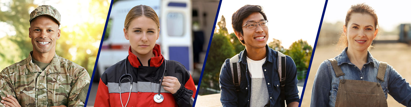 Photo collage of a male soldier, a female paramedic, a male student, and a female farmer, with Ford Recognition Programs logo.